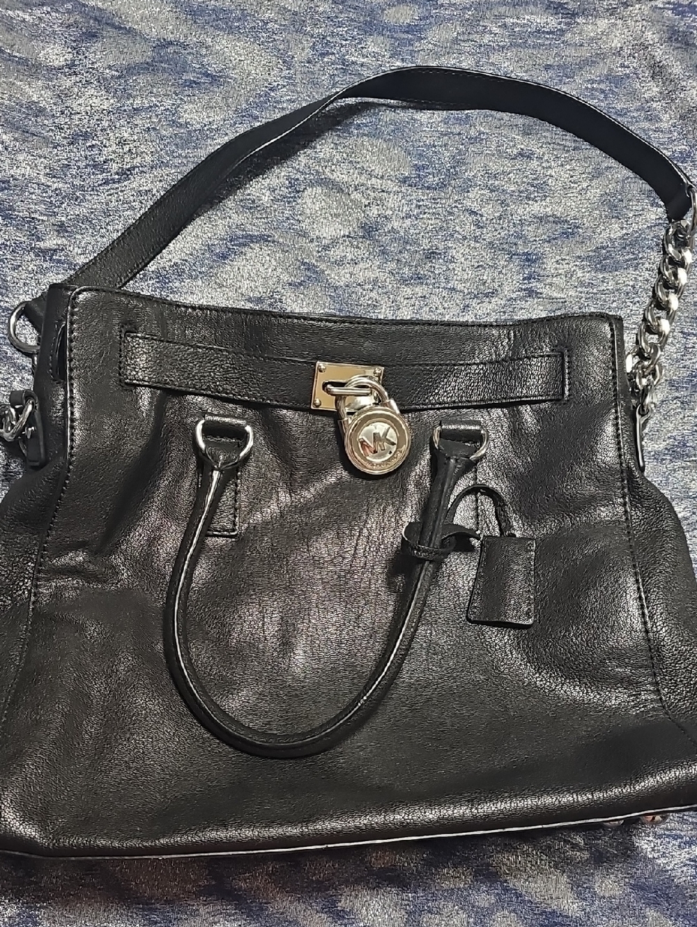 Michael Kors Black Leather Shoulder Satchel with Gold Accent